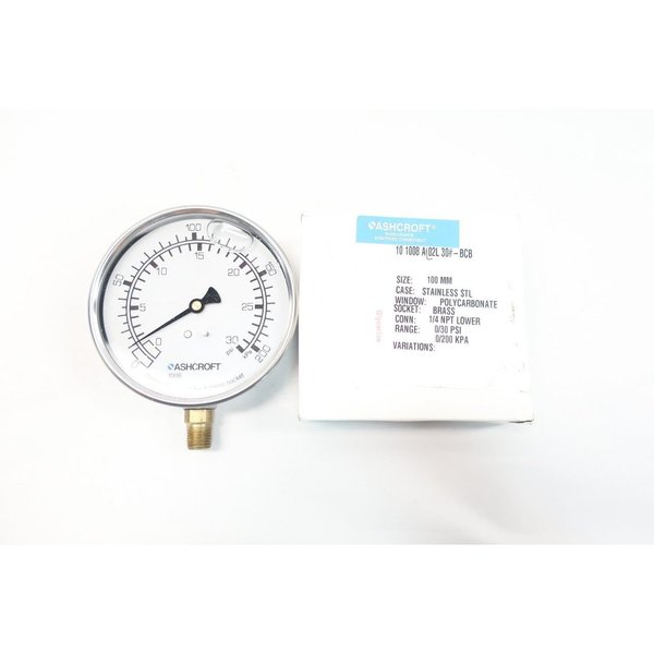 Ashcroft 10-1008-Al02L-30-Bcb 100Mm 1/4In 0-30Psi Npt Pressure Gauge 10-1008-AL02L-30-BCB